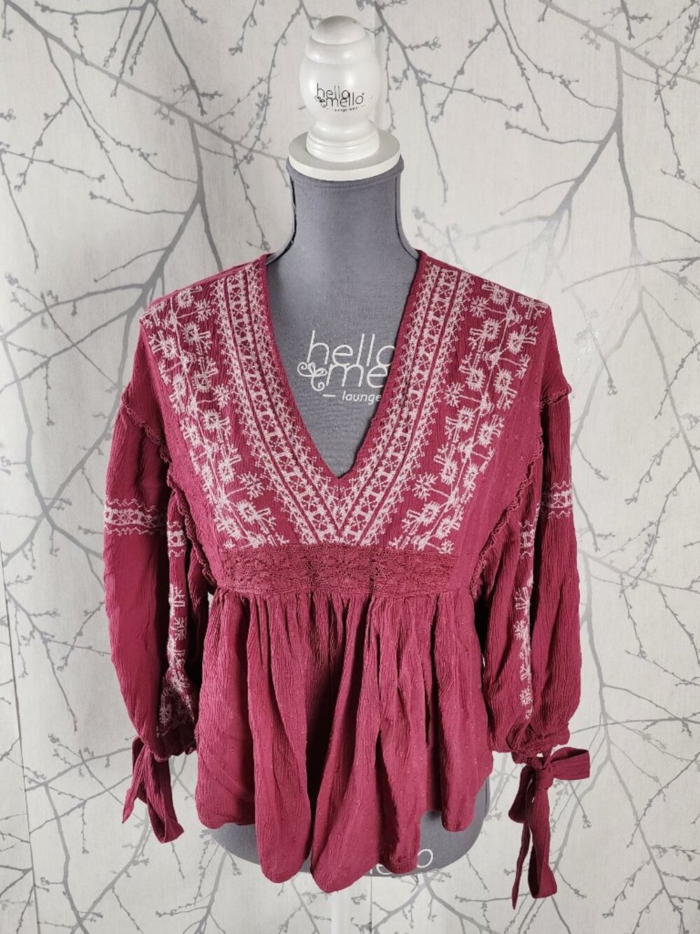 American Eagle Pink Crinkle Cross Stitch Peasant Blouse